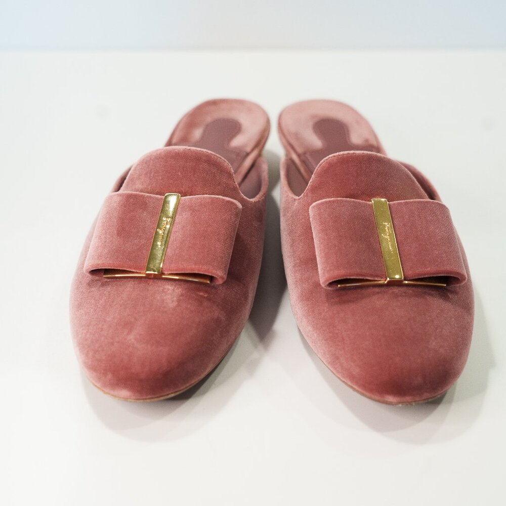 SALVATORE FERRAGAMO SHOES SCIACCA DUSTY PINK VELVET BOW MULES size 8